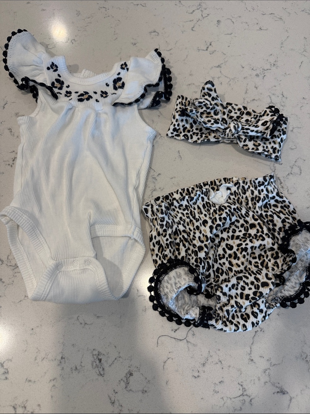 White & Leopard Baby Romper Set with Headband - Cute Pom Trim